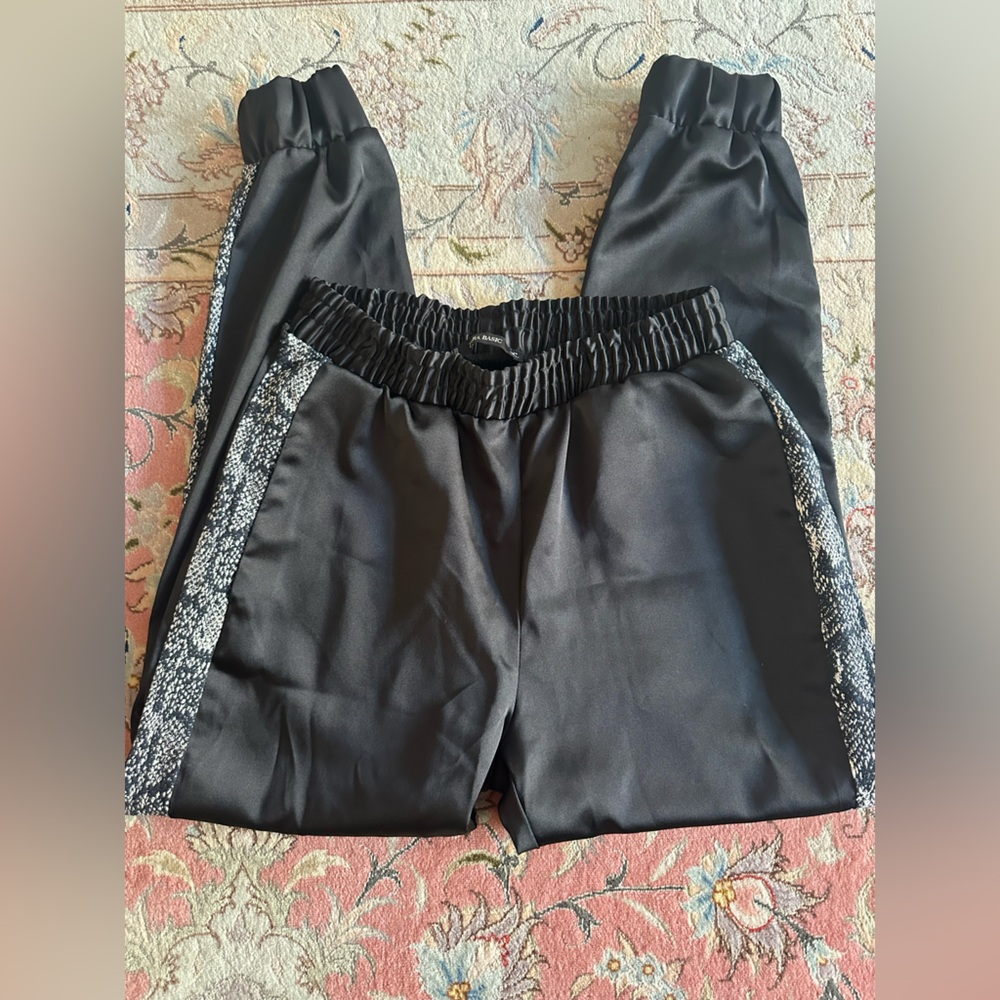 ZARA Black Satin Jogger Pants XS Snakeskin Trim Elastic Waist Luxe Streetwear